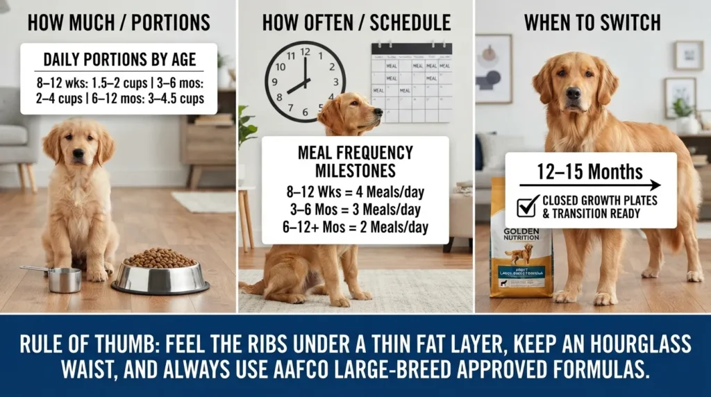 A visual Golden Retriever puppy feeding guide showing daily portion sizes by weight, age-based meal frequencies, and a timeline for switching to adult dog food.