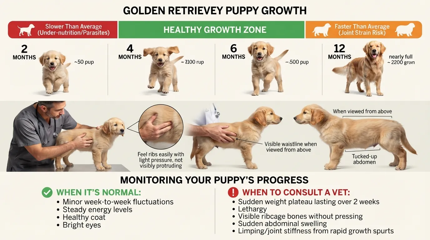 A side-by-side comparison chart showing healthy vs. concerning Golden Retriever growth rates with safe weight range indicators.
