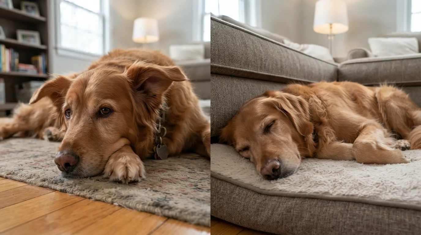 A Golden Retriever lying on the floor with open eyes and relaxed ears, illustrating the difference between a dog that is resting and one that is fully asleep.