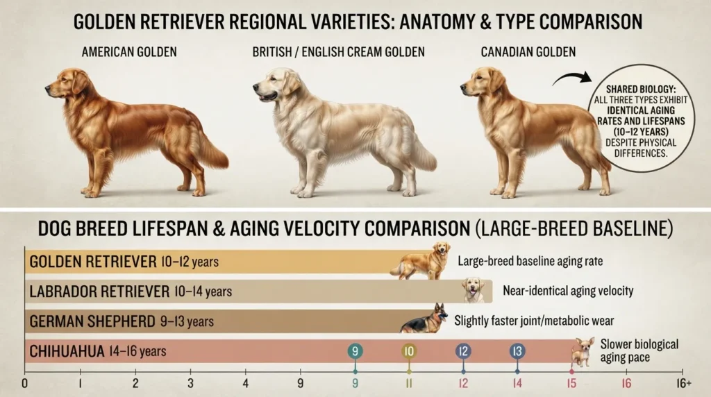 Side-by-side comparison chart showing American, British English Cream, and Canadian Golden Retriever types next to a lifespan comparison with Labradors, German Shepherds, and Chihuahuas.