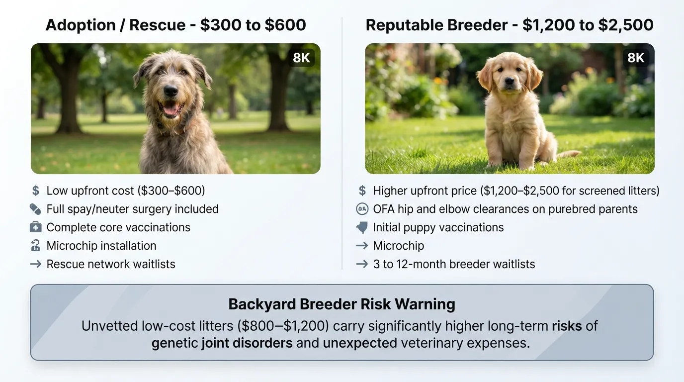 Infographic breakdown comparing adoption costs versus reputable breeder pricing for a Greater Swiss Mountain Dog and Bernese Mountain Dog mix puppy.