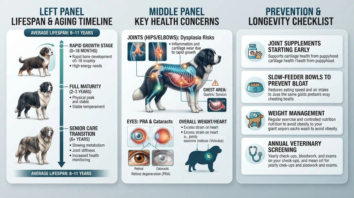 Infographic breakdown showing the 8 to 11 year lifespan, growth timeline, and common health conditions of a Greater Swiss Bernese mix dog.