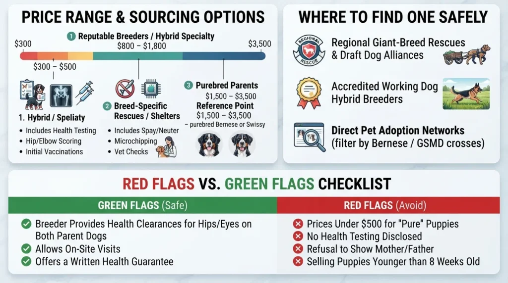 Infographic breakdown showing average puppy prices, adoption costs, and key red flags when finding a Greater Swiss Mountain Dog and Bernese Mountain Dog mix breeder.