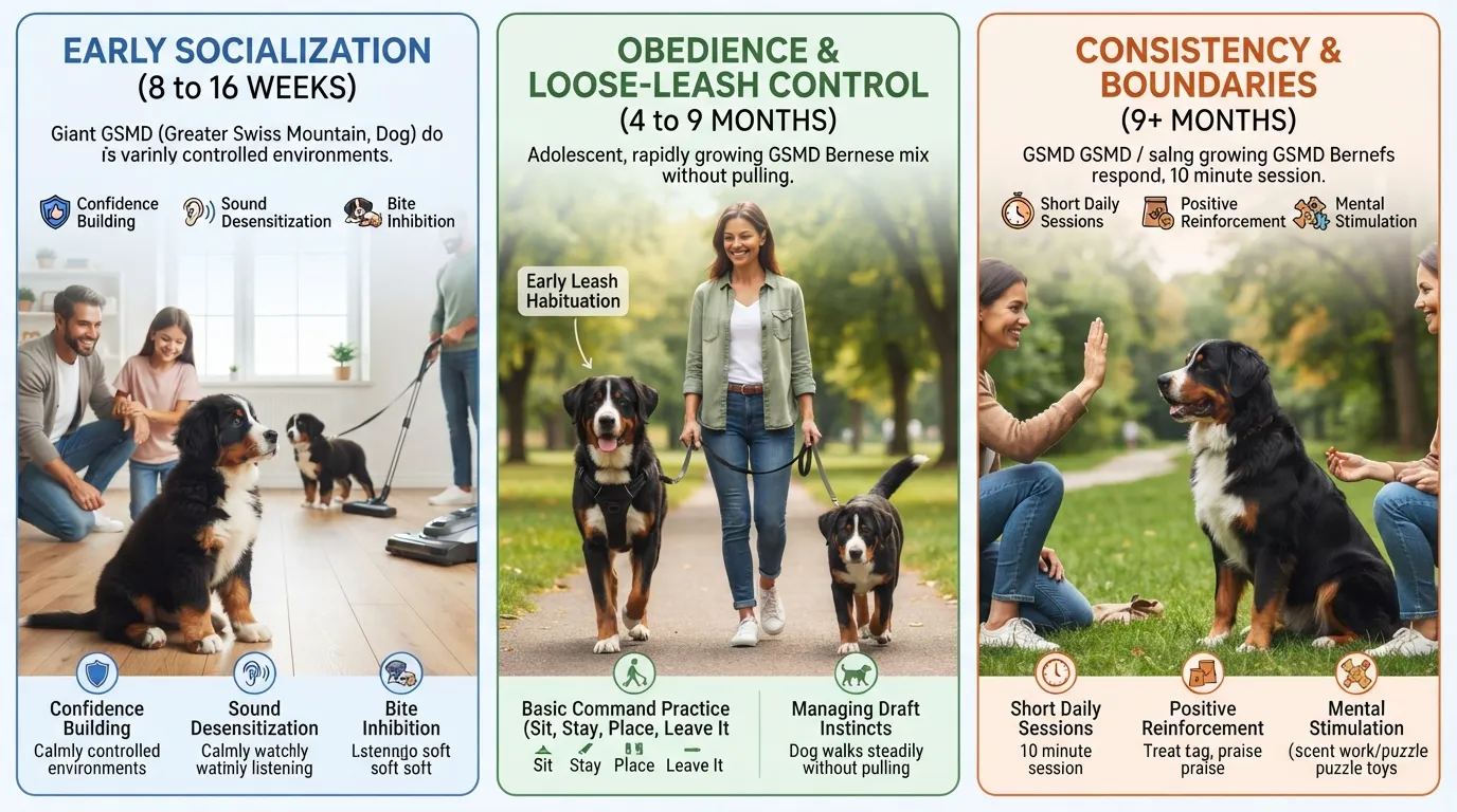 Infographic showing early puppy socialization, leash walking, and obedience training steps for a Greater Swiss Bernese mountain dog mix.