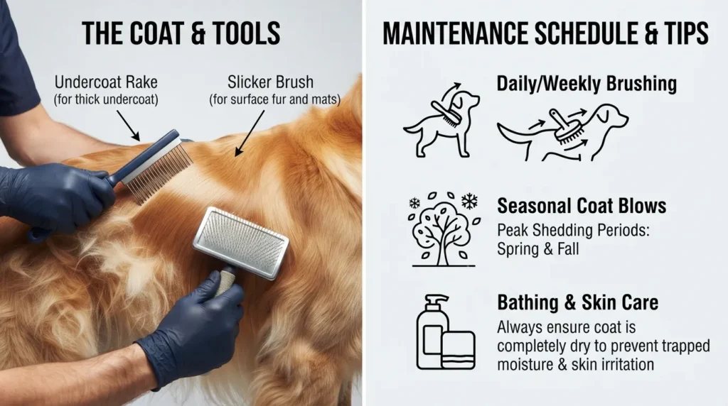 An owner using an undercoat rake to groom a Greater Swiss Bernese mix dog, displaying loose fur removed from its thick double coat on a grooming mat.