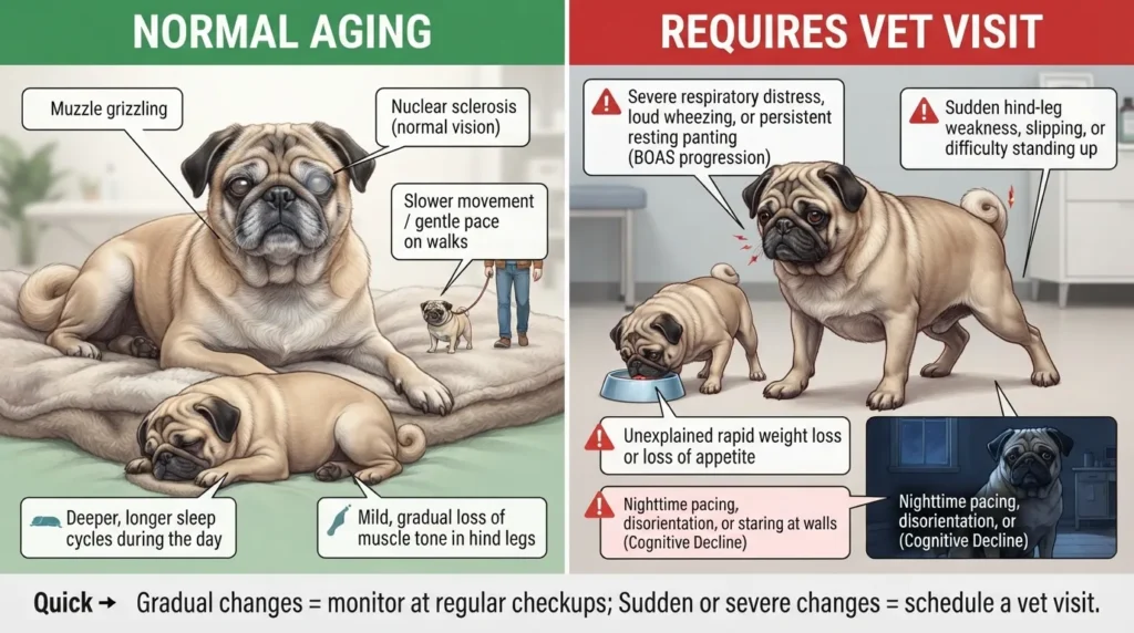 Split comparison visual showing signs of normal aging in a senior pug alongside warning signs that require a veterinary visit.