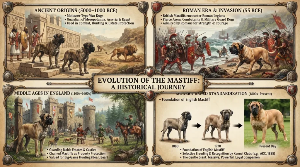Historical timeline showing the origin of Mastiff dogs from ancient war dogs in Asia to medieval guardians and the modern English Mastiff breed.