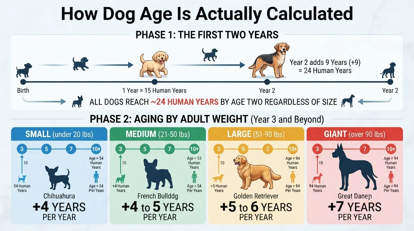 A detailed veterinary breakdown chart comparing dog years to human years based on the dog’s weight class, using official AAHA development guidelines instead of the old seven-year rule.