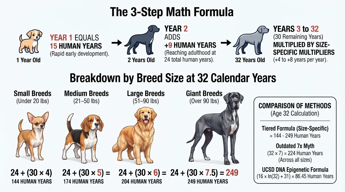 Step-by-step breakdown chart showing how to calculate 32 dog years to human years using the 3-step tiered veterinary formula for small, medium, large, and giant dog breeds.