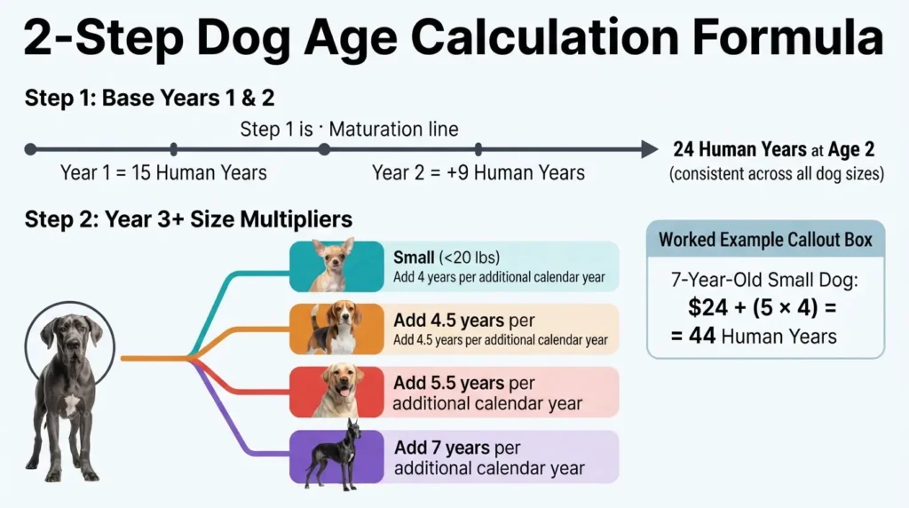 Step-by-step visual guide showing how to calculate a dog's age in human years using initial puppy growth values and breed size weight multipliers.