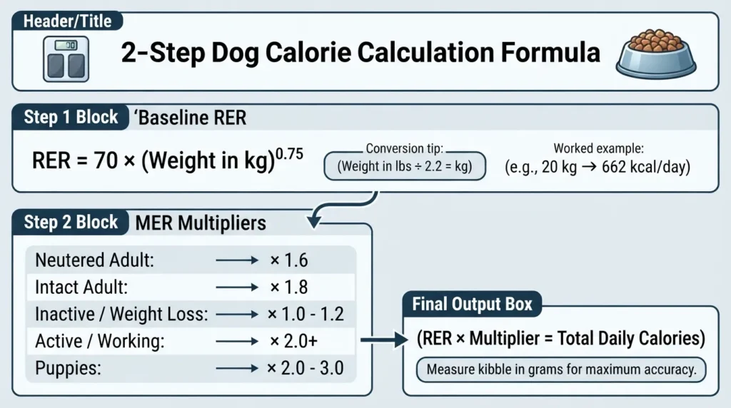 Step-by-step infographic showing how to calculate a dog's daily calories using the RER formula and MER activity multipliers