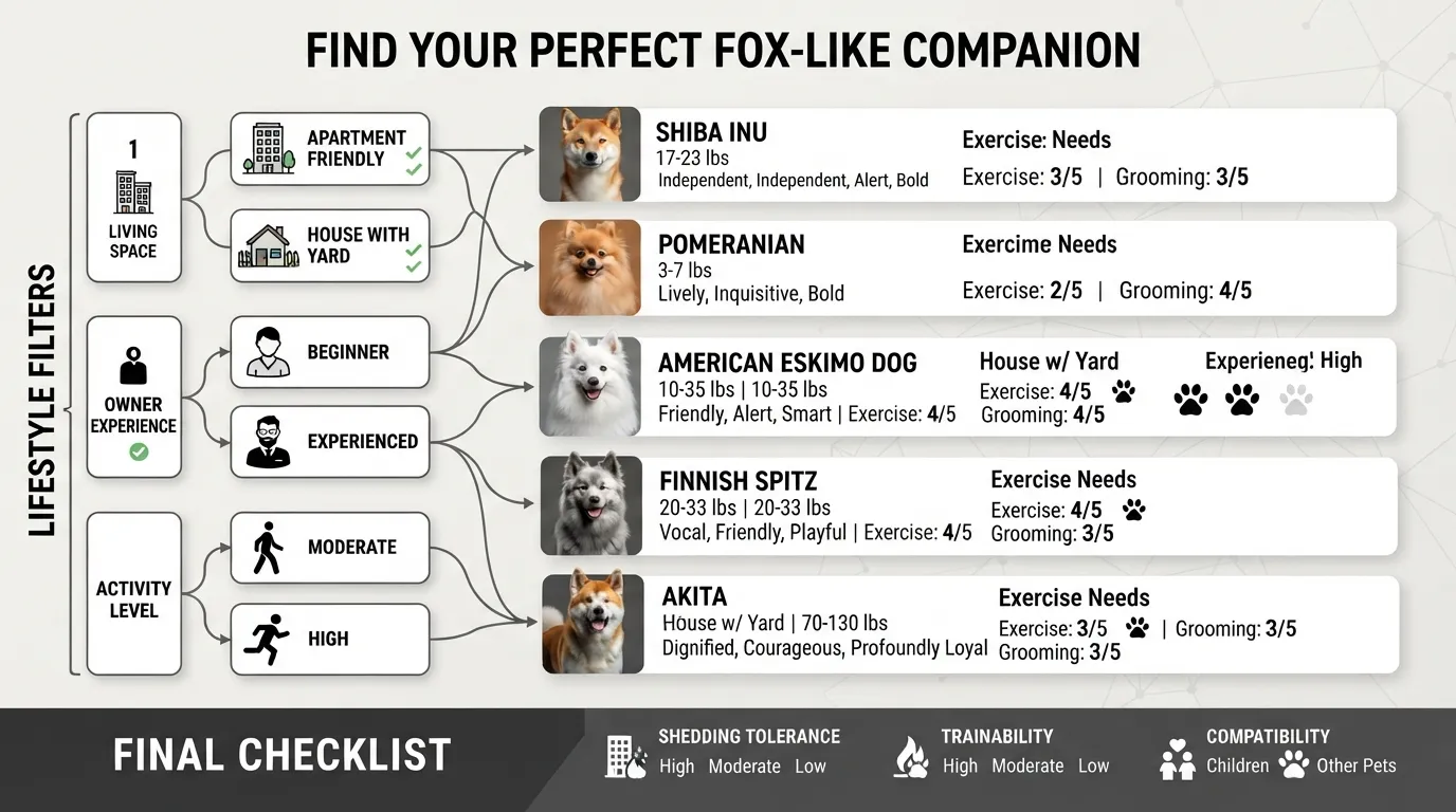 Side-by-side comparison chart of popular fox-like dog breeds showing temperaments, energy levels, size categories, and grooming needs.