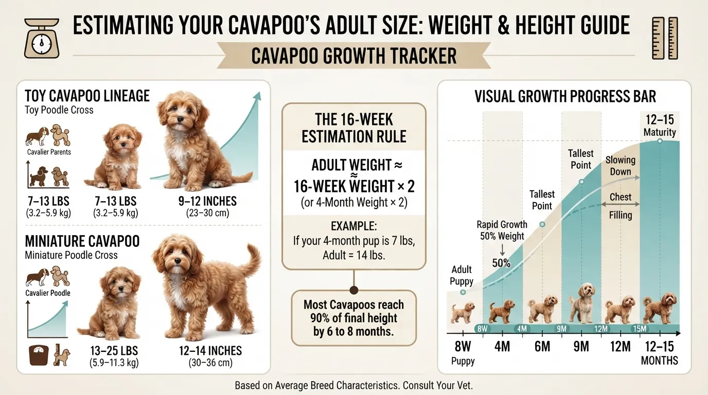 Infographic showing adult Cavapoo size estimation methods, comparing Toy vs. Miniature Poodle parentage, puppy weight milestones at 16 weeks, and height ranges.