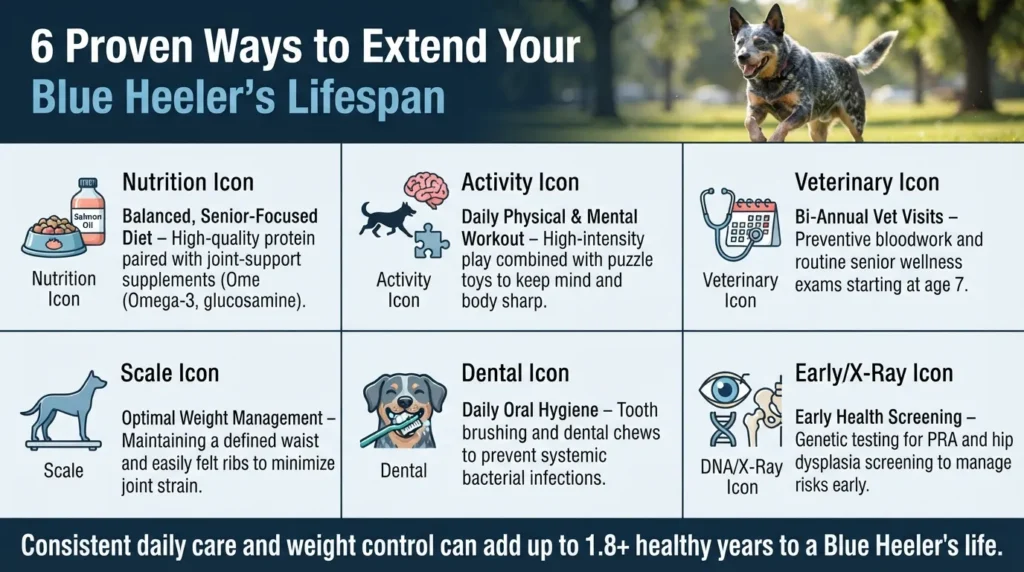 An infographic checklist displaying 6 essential longevity tips for a Blue Heeler, including diet, exercise, vet care, weight management, dental care, and health screening.