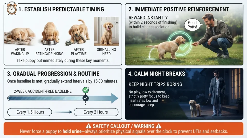 A step-by-step visual chart showing how to help a puppy safely build bladder control using predictable routines, positive reinforcement, and calm night breaks.