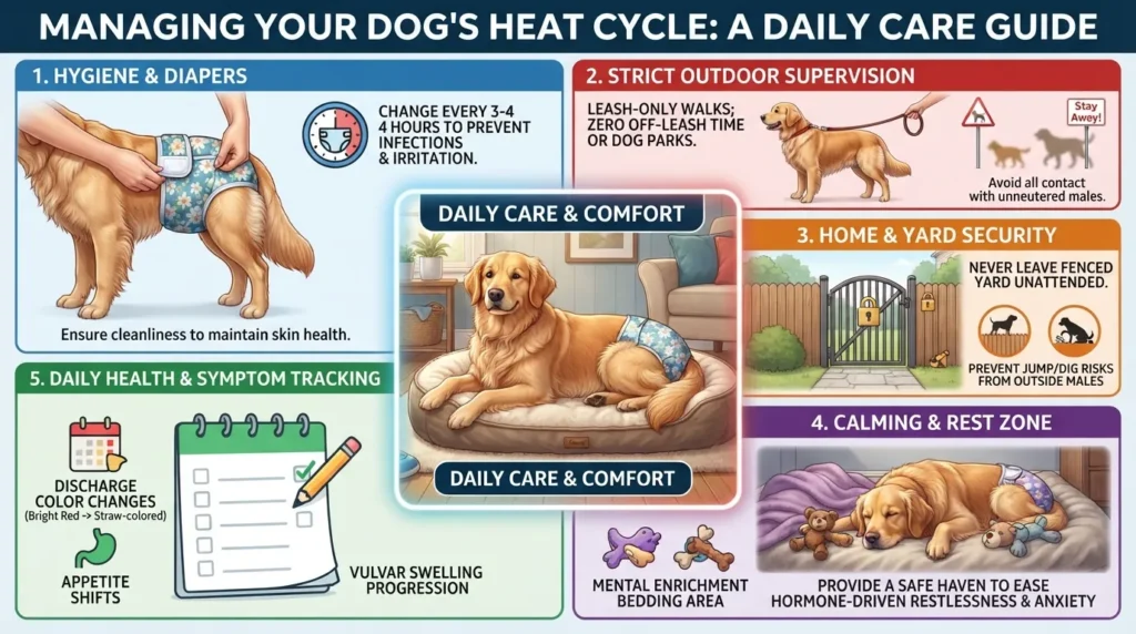 A comprehensive visual guide illustrating five key steps to manage a dog in heat, including dog diapers, secure indoor confinement, leash safety, hygiene routines, and cozy rest areas.
