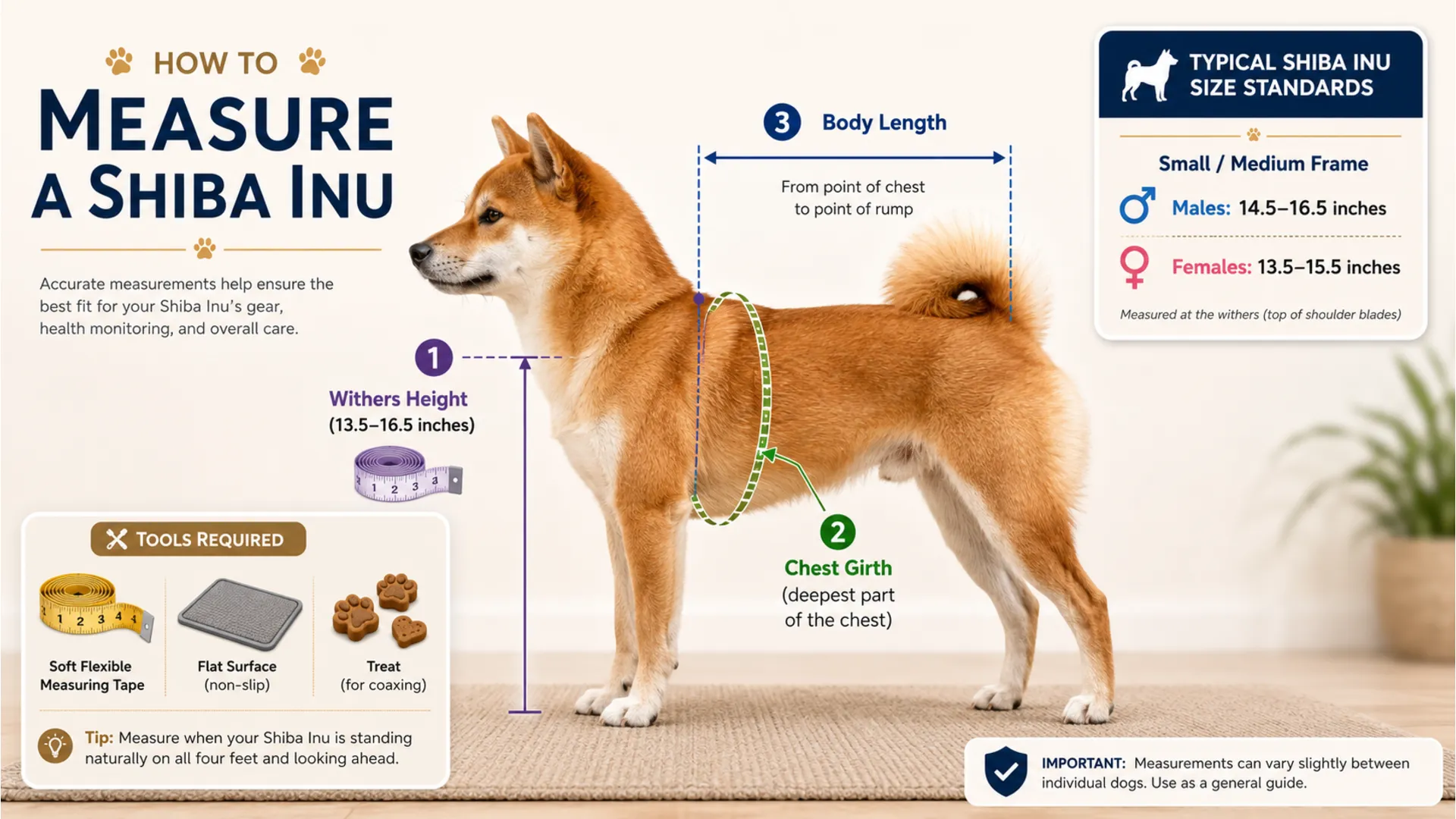 Step-by-step diagram showing a Shiba Inu being measured at home for height at the shoulder and chest girth using a flexible tape measure.