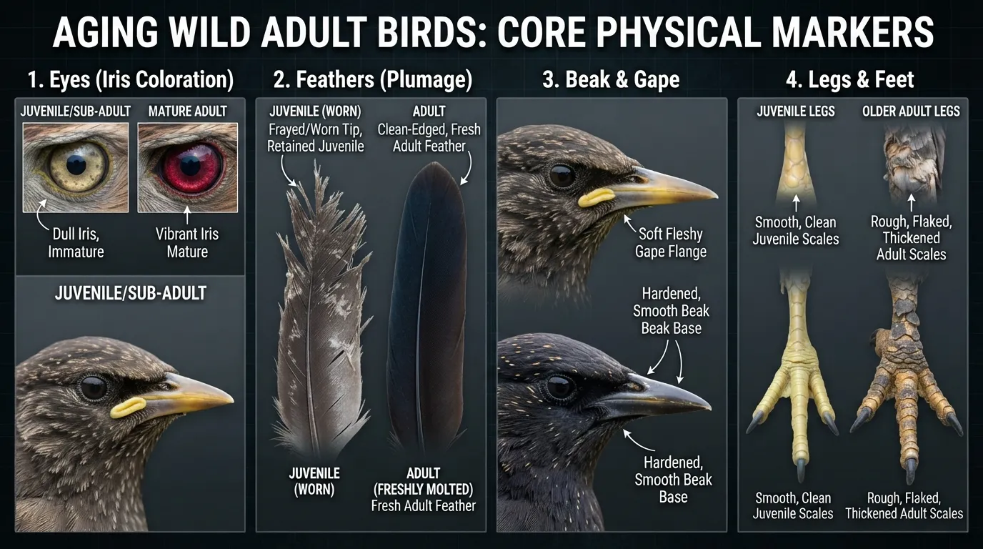 An infographic guide showing key physical features used to estimate a wild bird's adult age, including feather wear patterns, leg scale texture, beak condition, and iris color changes.