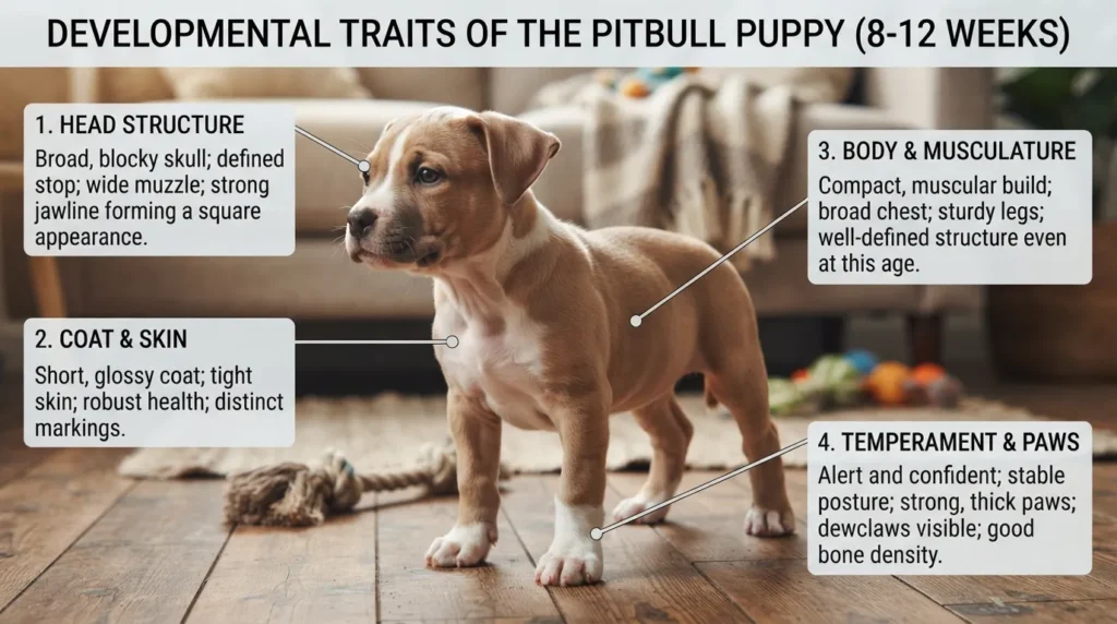 An identification diagram showing key physical traits of a pitbull puppy, including a broad square head, short smooth single coat, wide front stance, and thick paws.