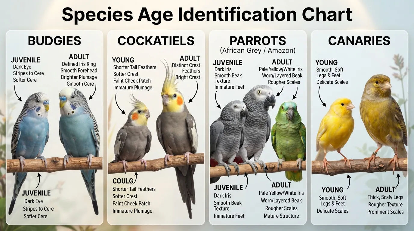 Infographic showing how to tell a pet bird's age across parrots, budgies, cockatiels, and canaries using eyes, beak, legs, and feathers.