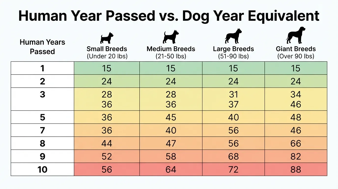 A comprehensive comparison chart showing how human years convert to dog year equivalents based on a dog's weight category, tracking ages one through ten for small, medium, large, and giant breeds.