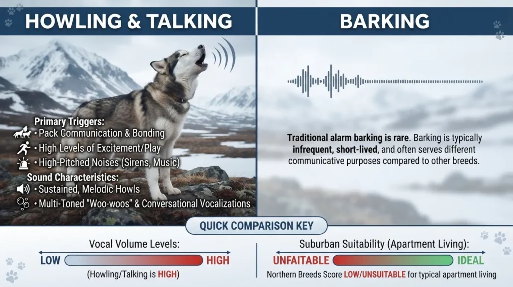 Infographic comparing husky vocalizations showing a dog howling versus barking with sound levels and communication reasons.