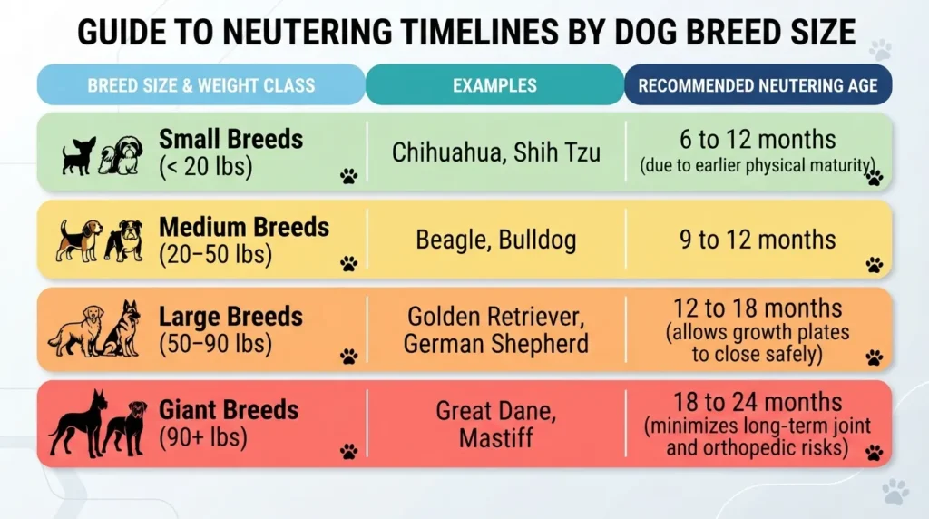 Comprehensive chart showing recommended neutering ages for male dogs categorized by breed size, from small breeds under 20 lbs to giant breeds over 90 lbs.