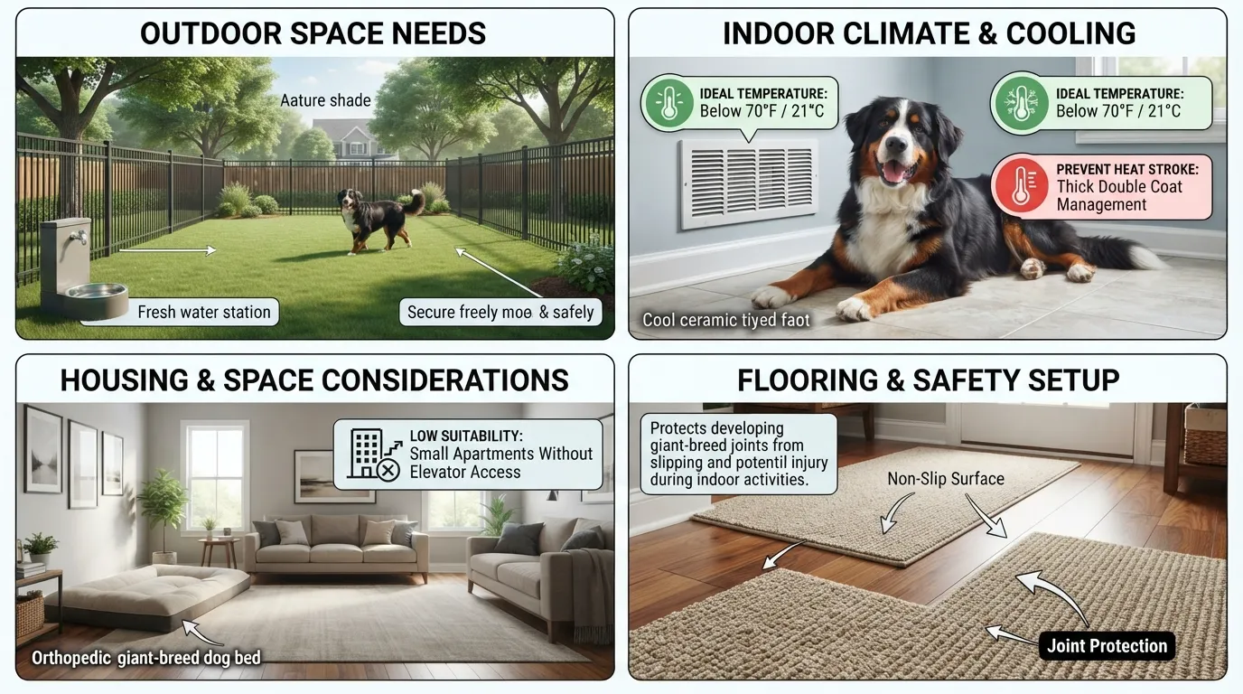 Infographic breakdown of the ideal living environment for a Greater Swiss Bernese mix dog, showing yard space, indoor cooling, and housing requirements.