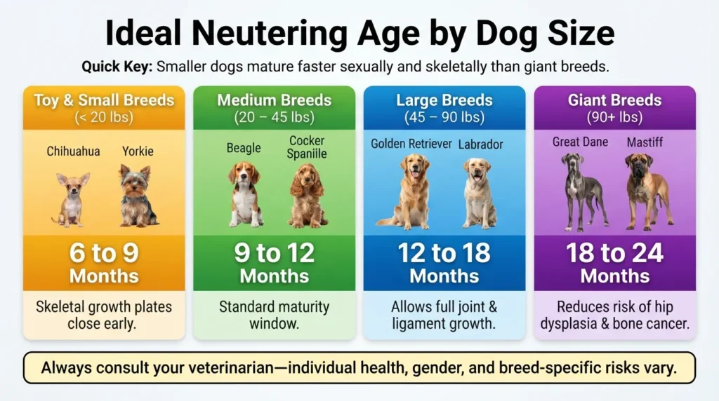 Infographic chart showing the ideal neutering age for dogs categorized by size: toy, small, medium, large, and giant breeds with recommended month ranges.