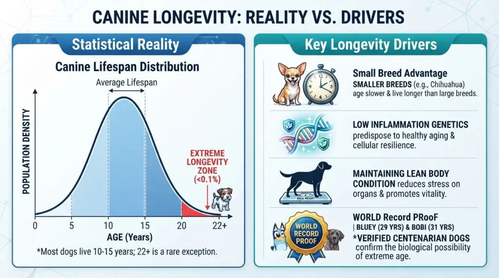 Infographic showing statistical evidence and world record examples proving that dogs can live to 22 years old, highlighting small breed longevity factors.