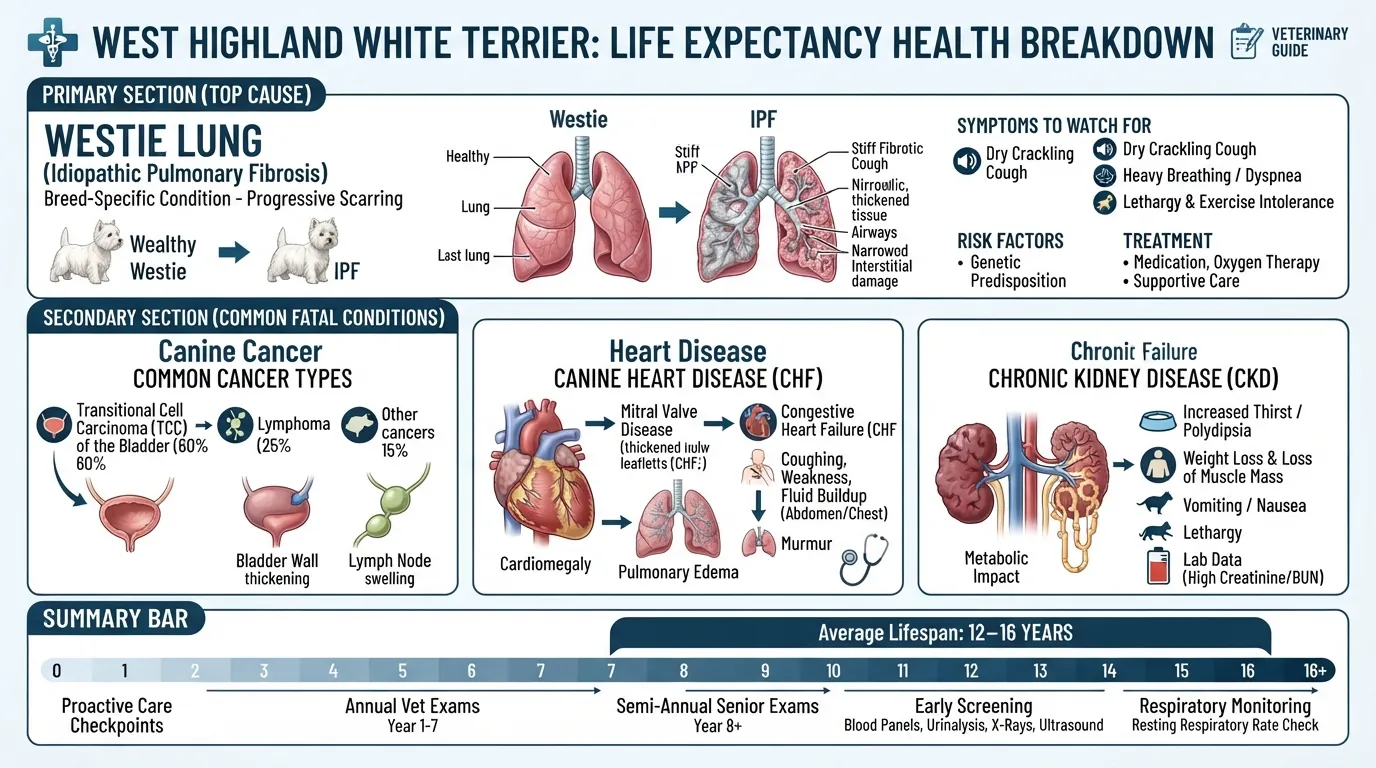 Comprehensive chart showing the top health issues and leading causes of death in West Highland White Terriers, including pulmonary fibrosis, cancer, and heart disease.
