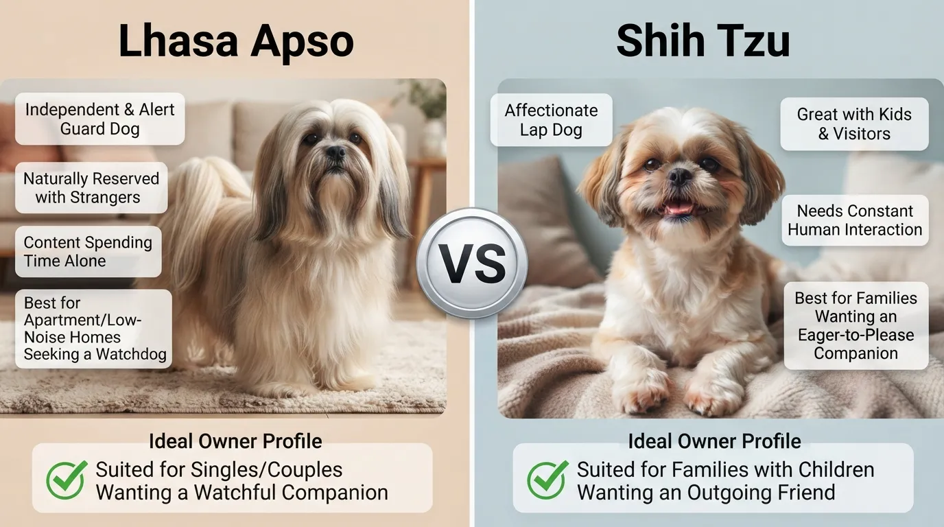 Side-by-side comparison infographic showing a Lhasa Apso and a Shih Tzu with key personality traits, exercise needs, and family suitability bulleted under each breed.