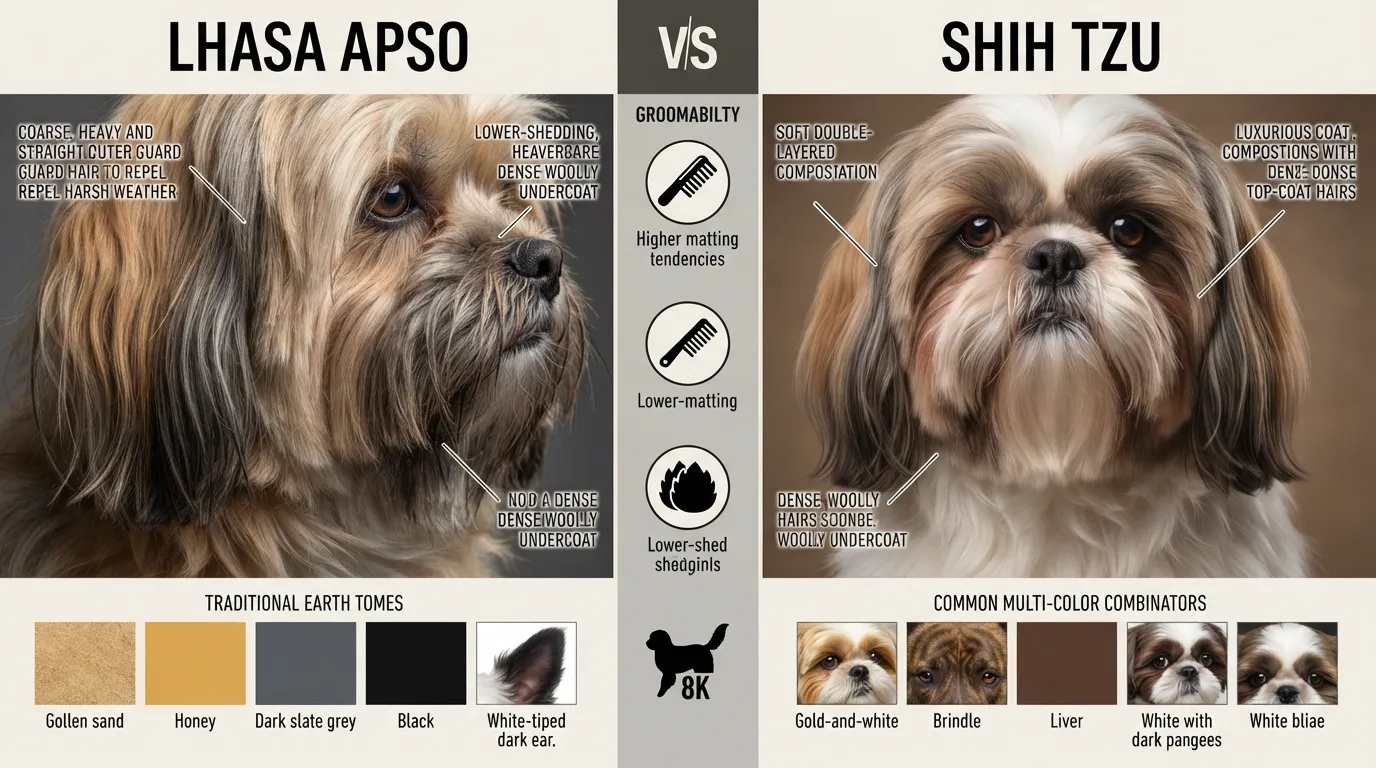 Side-by-side visual comparison showing the dense, coarse single-layer coat texture and natural earth-tone colors of a Lhasa Apso versus the soft, double-layered, flowing coat and broad color variations of a Shih Tzu.