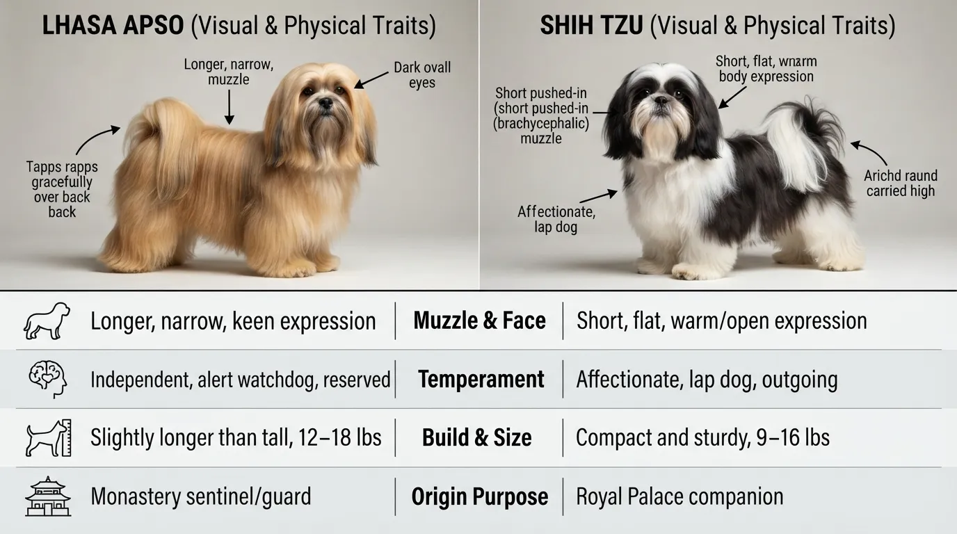 Side-by-side comparison chart showing key physical and behavioral differences between a Lhasa Apso and a Shih Tzu, including facial structure, coat texture, tail carriage, and temperament.