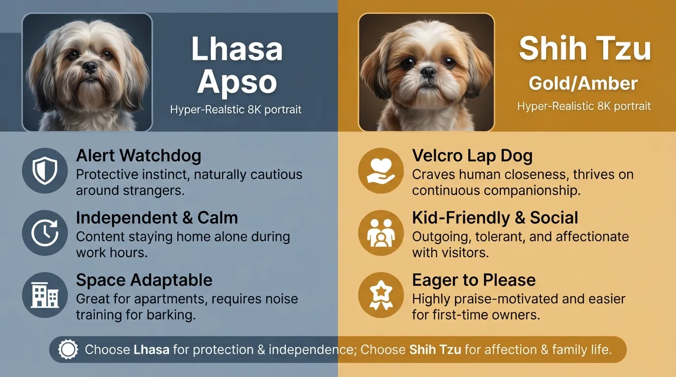 Side-by-side comparative infographic illustrating key personality traits, living preferences, and lifestyle compatibility for choosing between a Lhasa Apso and a Shih Tzu.