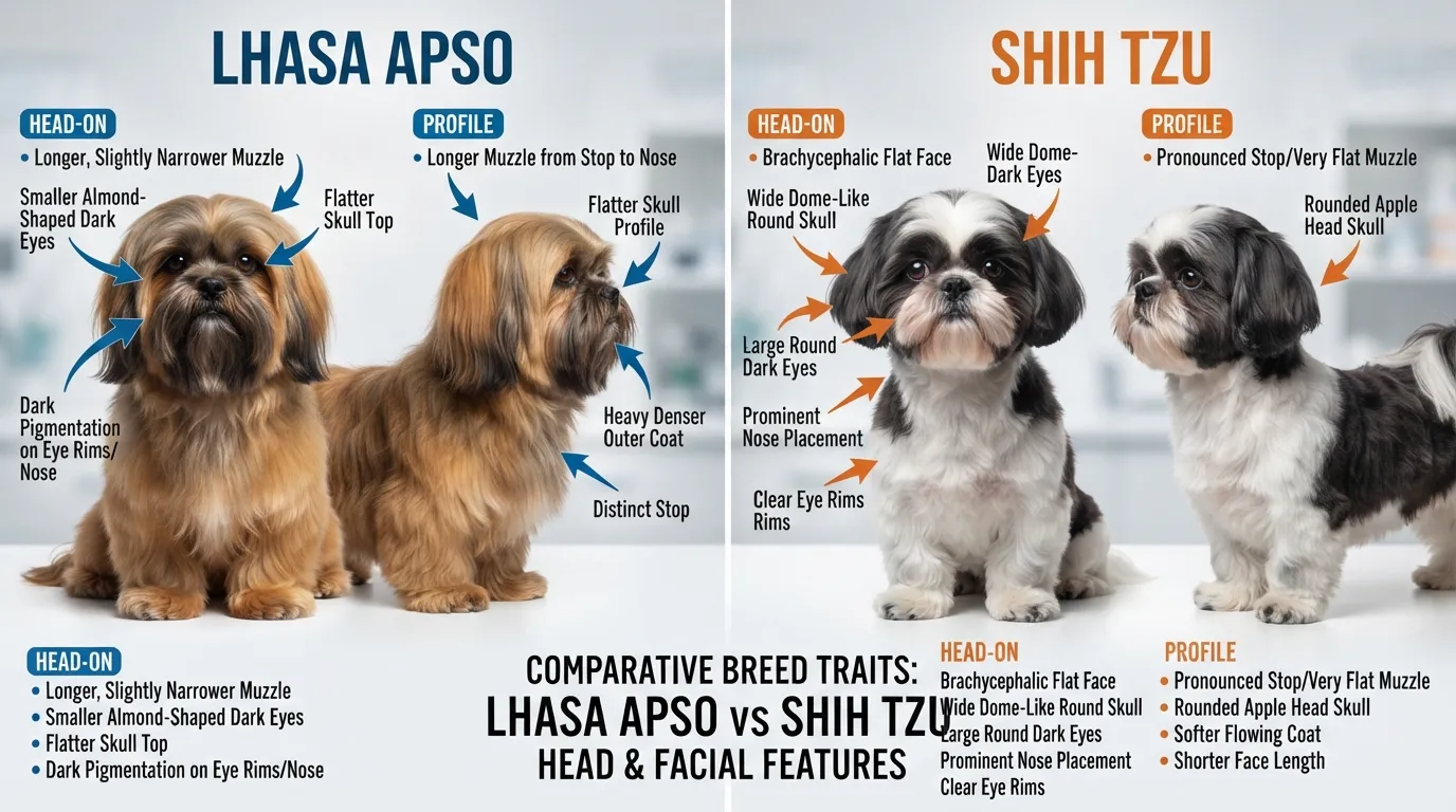 Side-by-side visual comparison of a Lhasa Apso and Shih Tzu highlighting key physical differences in facial structure, muzzle length, eye shape, and coat texture.
