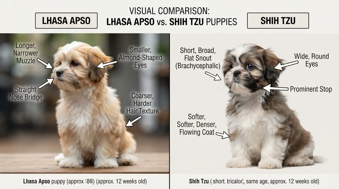 Side-by-side physical comparison of a Lhasa Apso puppy and a Shih Tzu puppy showing differences in snout length, eye shape, face structure, and coat texture.