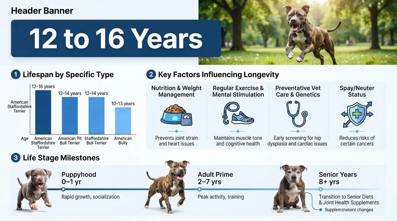 Infographic showing the average lifespan of a Pit Bull, key factors influencing longevity, and age milestones from puppyhood to senior years.