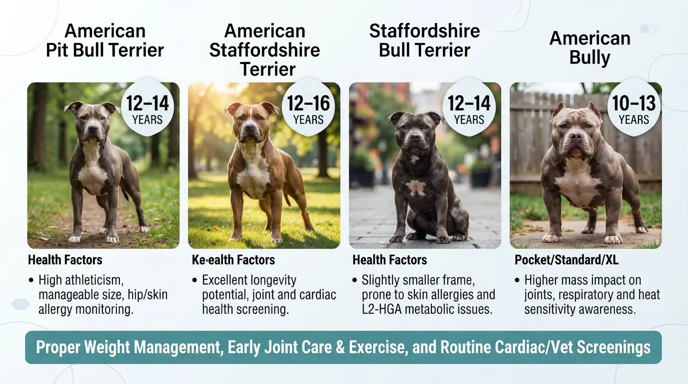 Visual comparison chart showing the average lifespan ranges for different Pit Bull types including American Pit Bull Terrier, Staffordshire Bull Terrier, American Staffordshire Terrier, and American Bully.