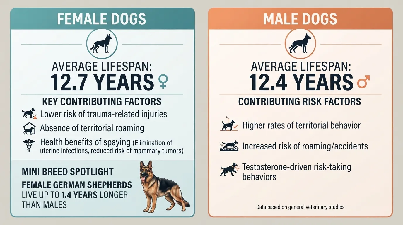 Infographic chart comparing male vs female dog average lifespan, showing life expectancy differences, hormonal factors, and spay or neuter benefits.