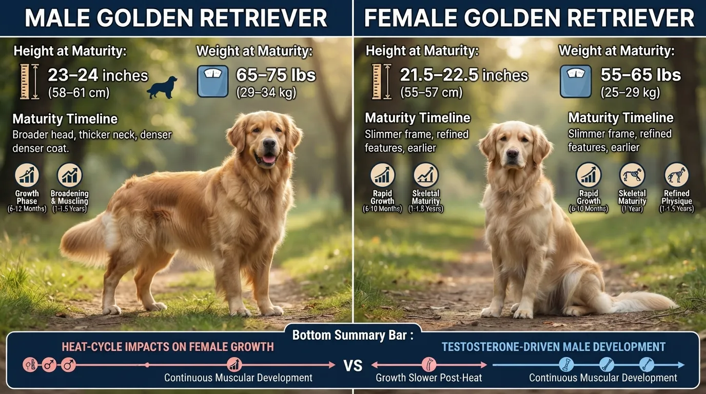 Side-by-side growth comparison chart of a male and female Golden Retriever showing weight and height progression from puppyhood to adult maturity.