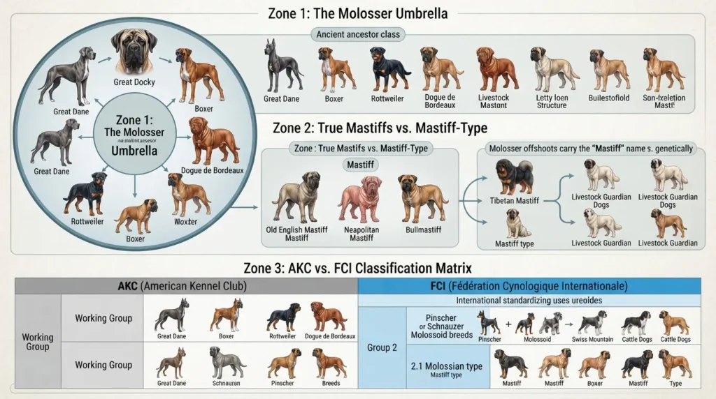 Infographic diagram comparing True Mastiffs, the overarching Molosser Group, and AKC vs FCI kennel club classifications with key breed examples.