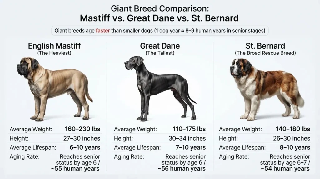 Comparison infographic of English Mastiff, Great Dane, and St. Bernard showing differences in physical height, body mass, average lifespan, and human-year age conversion rates for giant breeds.