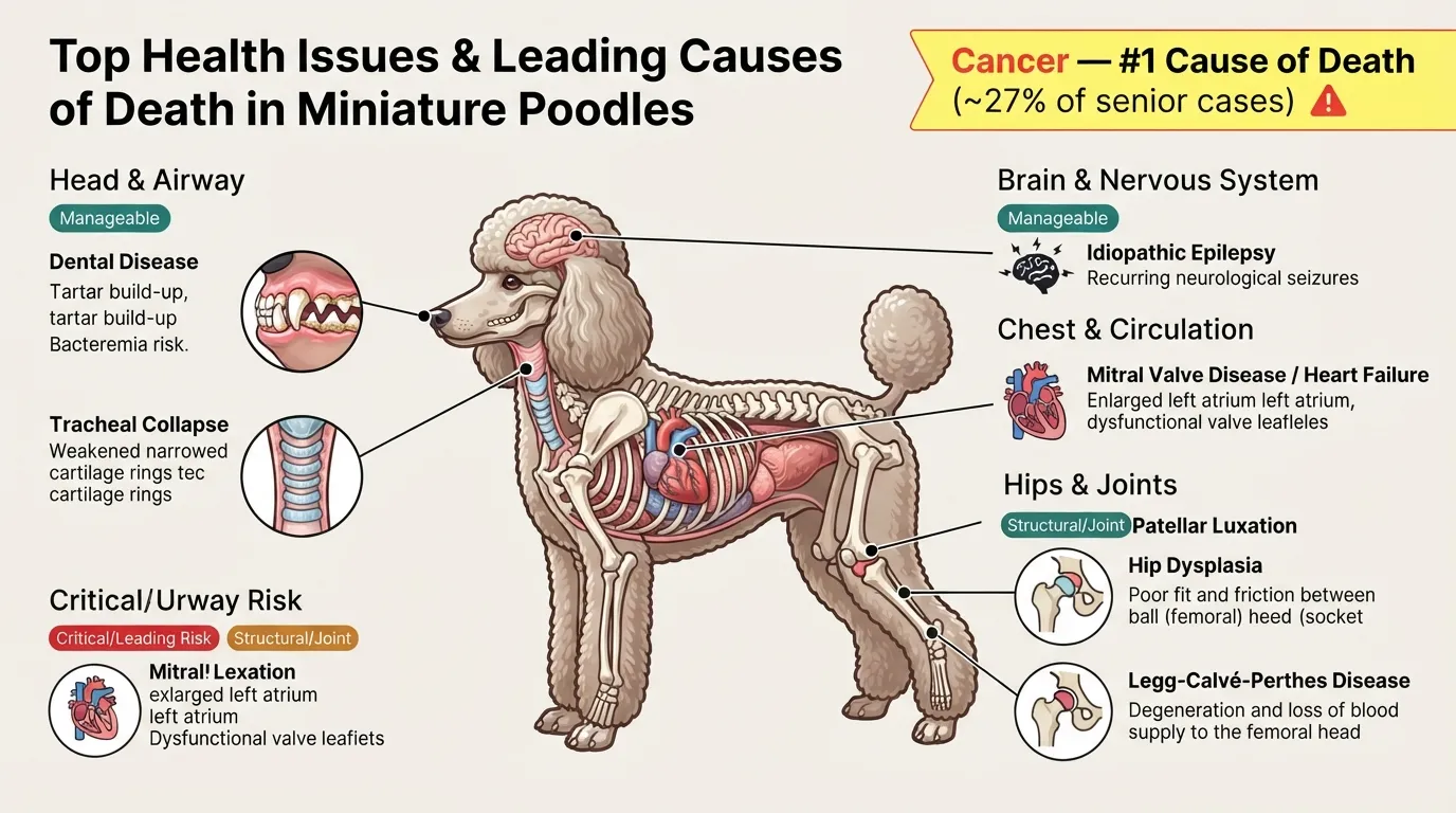Comprehensive health chart showing the top health issues and leading causes of death in Miniature Poodles, including cancer, heart disease, dental disease, and joint issues.