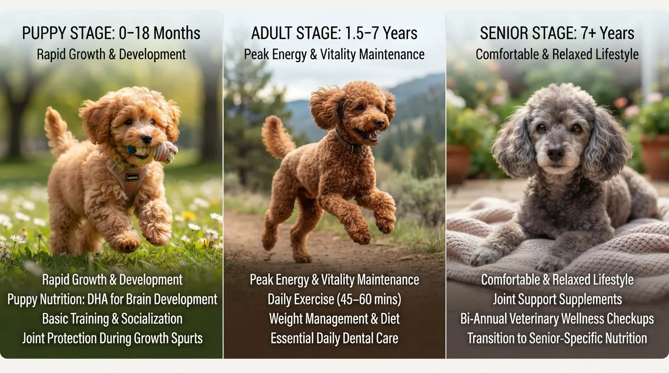 Infographic showing the three life stages of a Miniature Poodle: Puppy (0 to 18 months), Adult (1.5 to 7 years), and Senior (7-plus years) with key care tips for each stage.