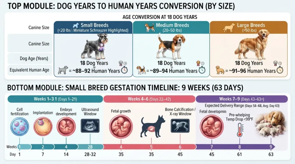 Comprehensive comparison chart showing Miniature Schnauzer dog years to human years conversion by breed size alongside a 63-day pregnancy timeline.