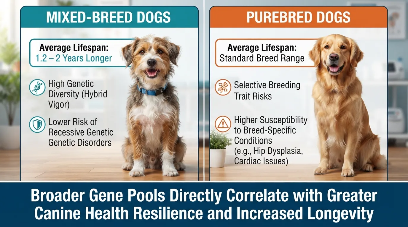 Side-by-side comparison chart showing mixed-breed dogs on the left and purebred dogs on the right with average lifespan estimates and genetic health factors.