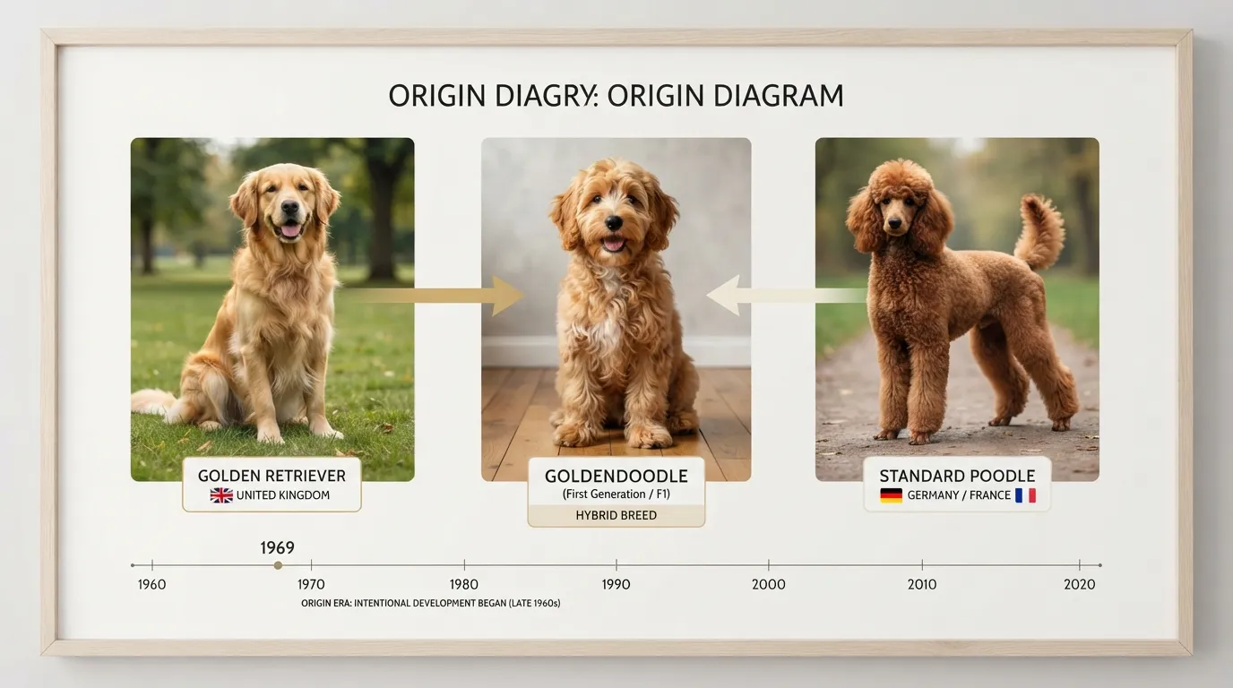 An infographic timeline showing the historical origin, ancestral parent breeds, and geographical background of a mixed-breed dog.