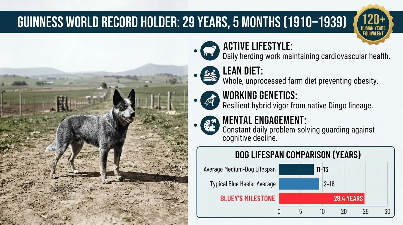 Historical photograph of Bluey, an Australian Cattle Dog who lived 29 years and 5 months, alongside an informational lifespan timeline and key longevity factors.