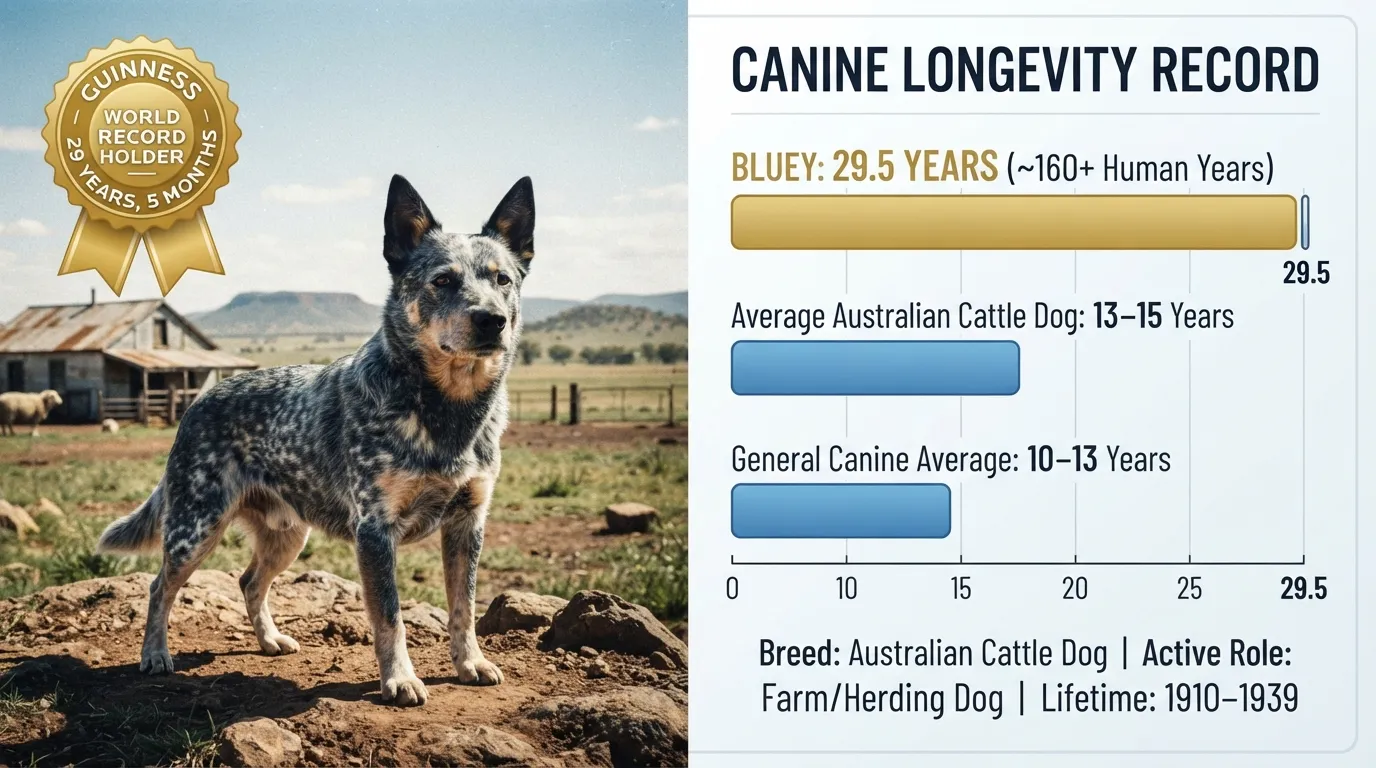 Historical photo of Bluey, an Australian Cattle Dog who lived to 29 years and 5 months, holding the Guinness World Record as the oldest dog ever recorded.